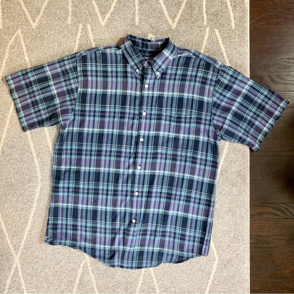 Cherokee Blue and Purple Plaid Short Sleeve Button Down Shirt
